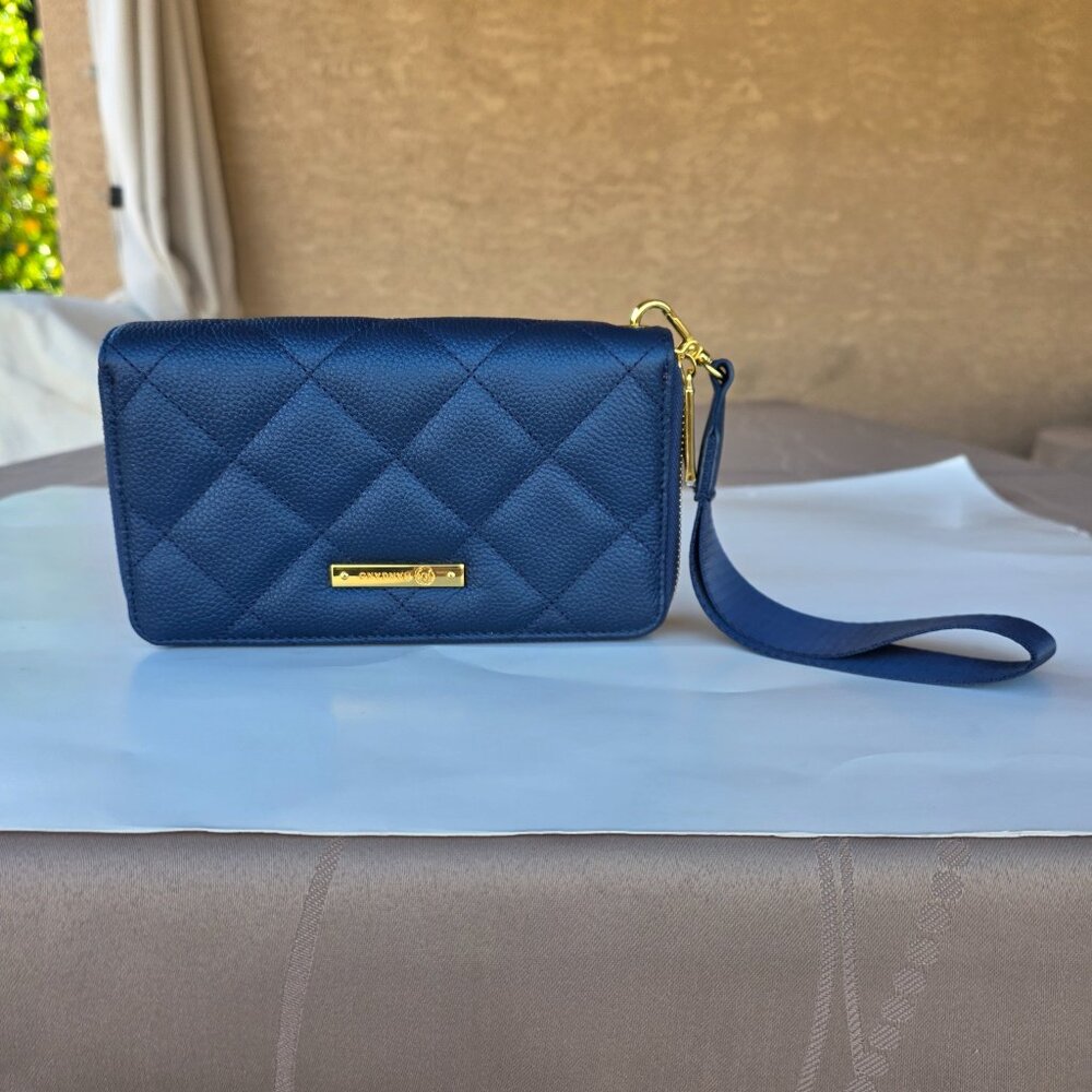 NWOT Joy Mangano Genuine Leather Luxe Dble Wallet Quilted Wrist Strap Blue